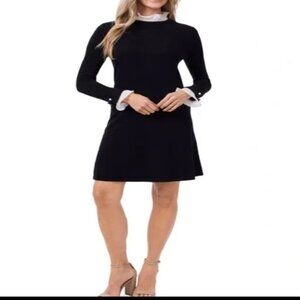CECE Black Ruffle Neck Trim Collar Long Sleeve Sweater Knit Dress Medium